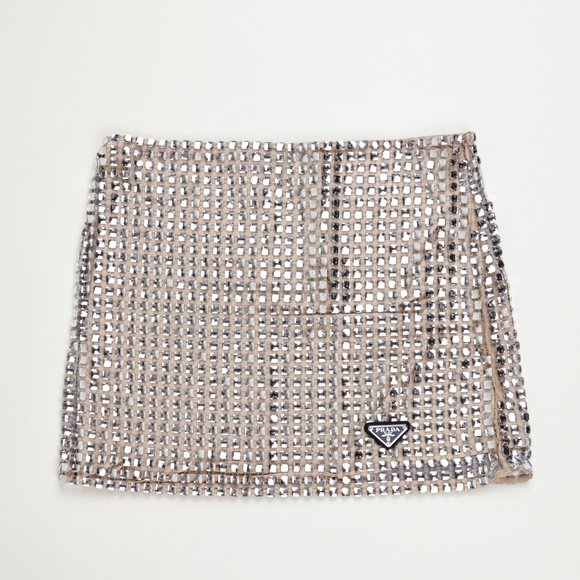 Prada Embellished Crystal Sequin Silver Mirrored Mini Skirt - Picture 2 of 9